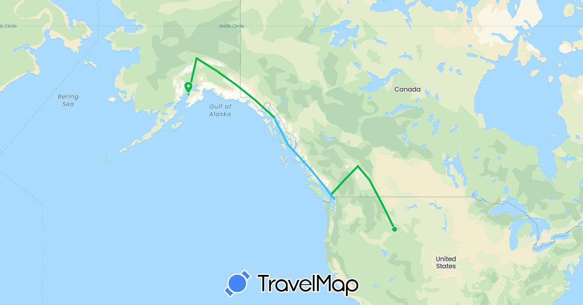 TravelMap itinerary: bus, plane, boat in Canada, United States (North America)